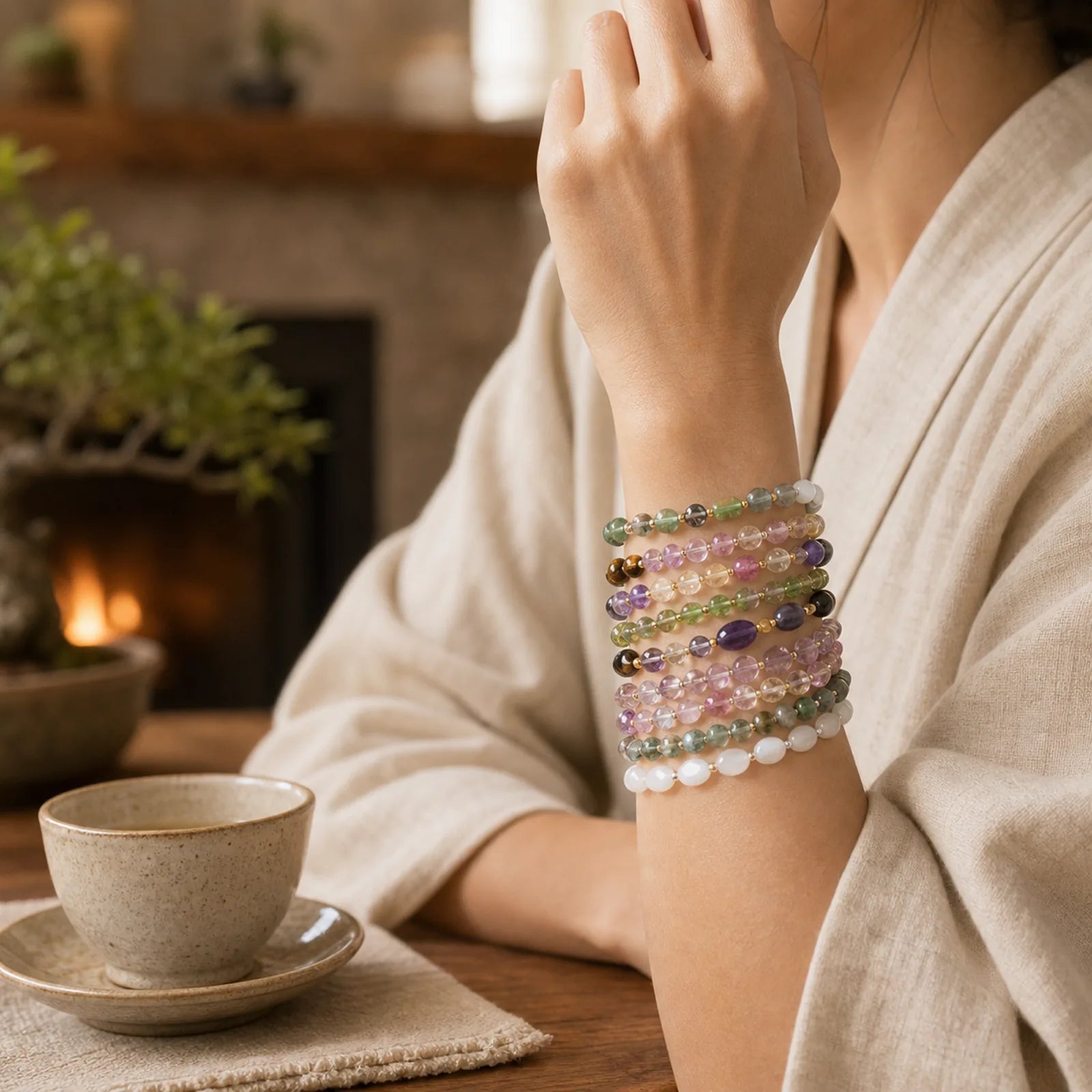 Natural Irregular Shape Stone Crystal Meditation Balance Bracelet featuring Amethyst, Garnet, Tourmaline