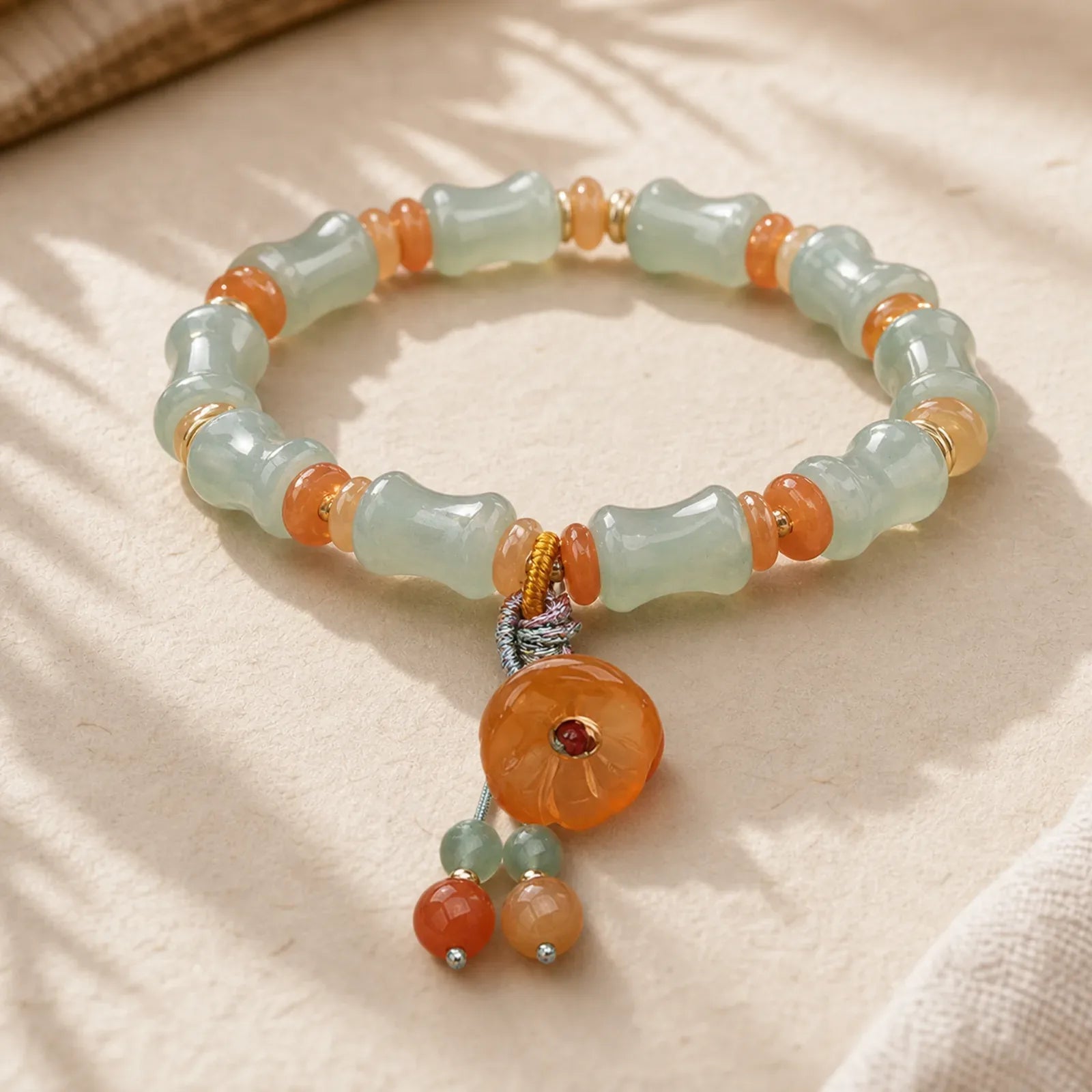 Natural Jade Bamboo Flower Pattern Luck Bracelet featuring Jade, Bamboo