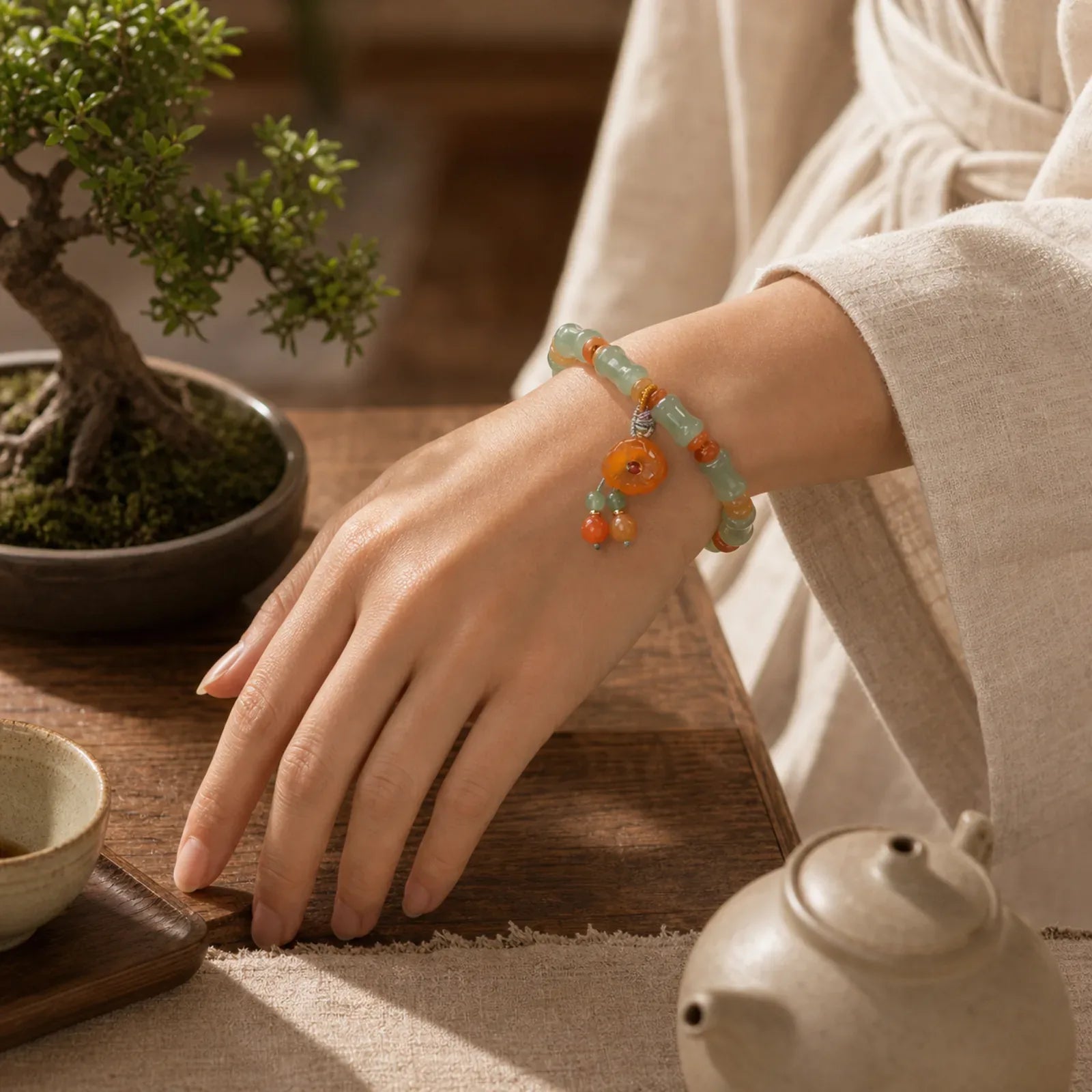 Natural Jade Bamboo Flower Pattern Luck Bracelet featuring Jade, Bamboo