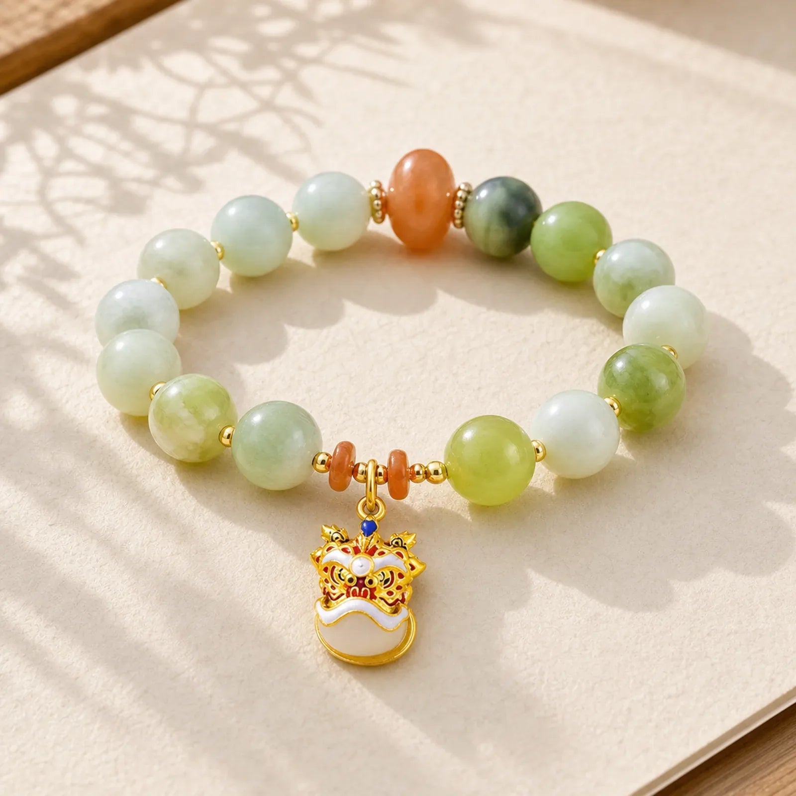Natural Jade Dancing Lion Charm Prosperity Luck Bracelet featuring Jade, Lion