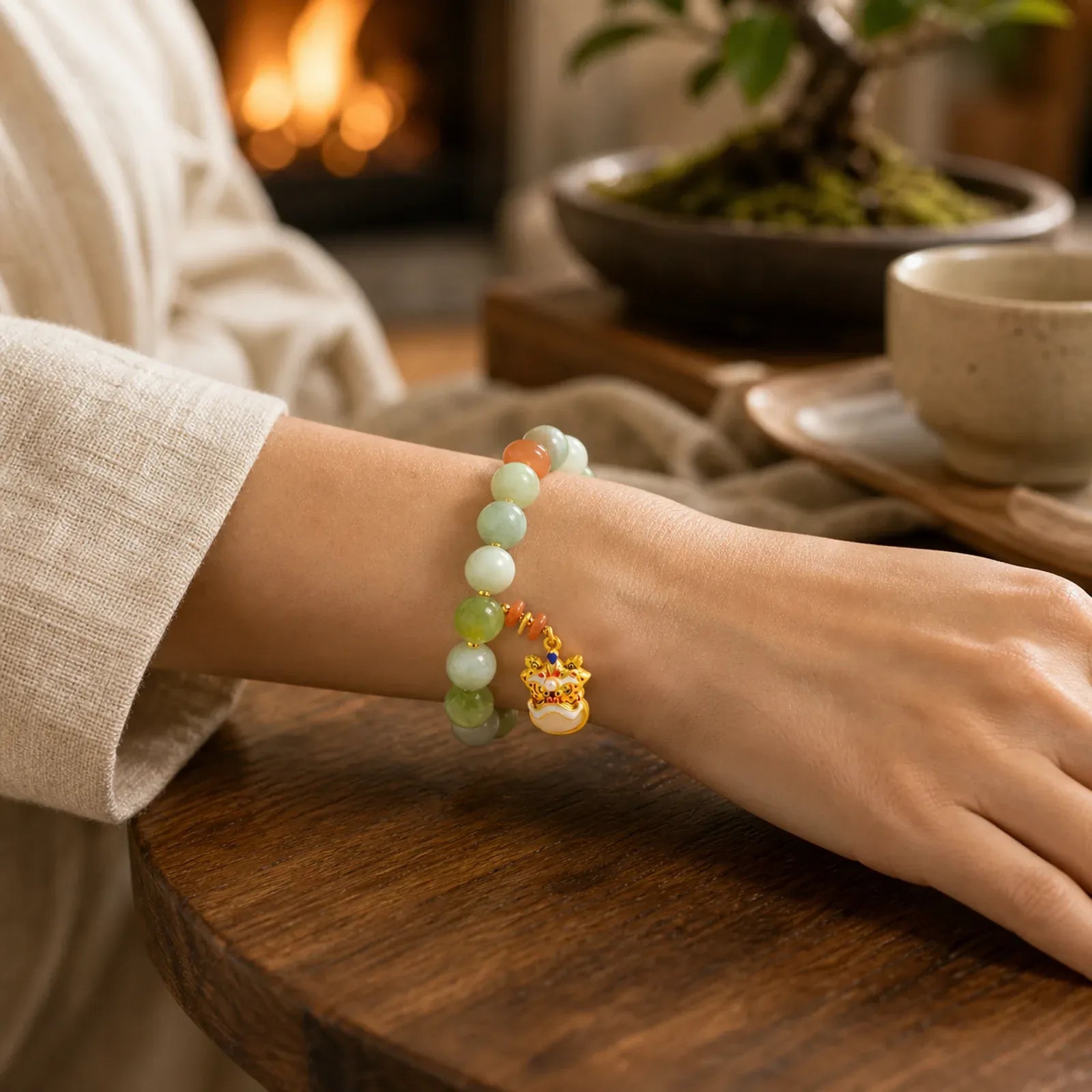 Natural Jade Dancing Lion Charm Prosperity Luck Bracelet featuring Jade, Lion