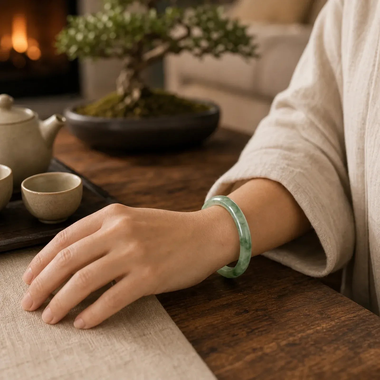 Natural Jade Fortune Blessing Bangle Bracelet featuring Jade