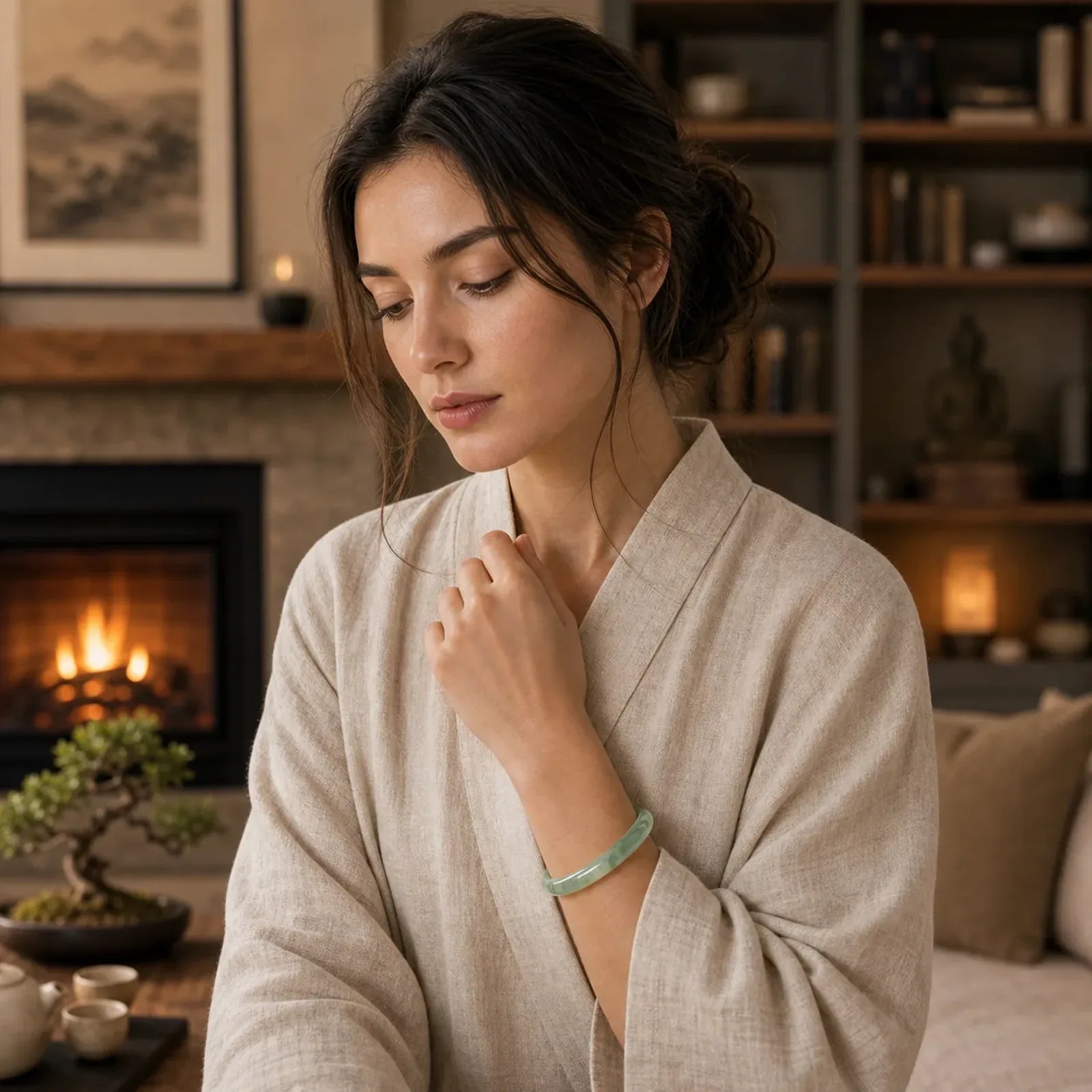 Natural Jade Fortune Blessing Bangle Bracelet featuring Jade