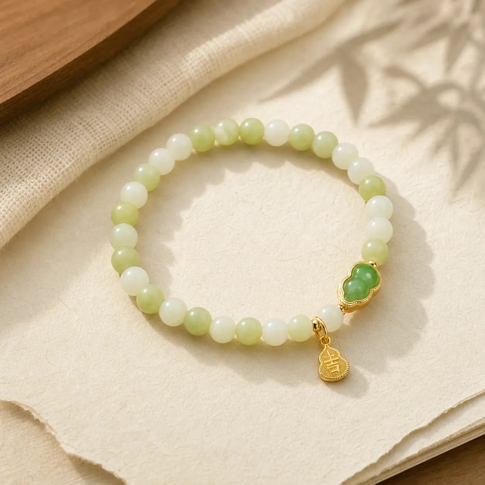 Natural Jade Green Aventurine Gourd Fu Character Luck Bracelet featuring Jade, Green Aventurine, Fu Character