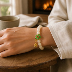 Natural Jade Green Flower Lily Of The Valley Luck Bracelet featuring Jade, Cyan Jade