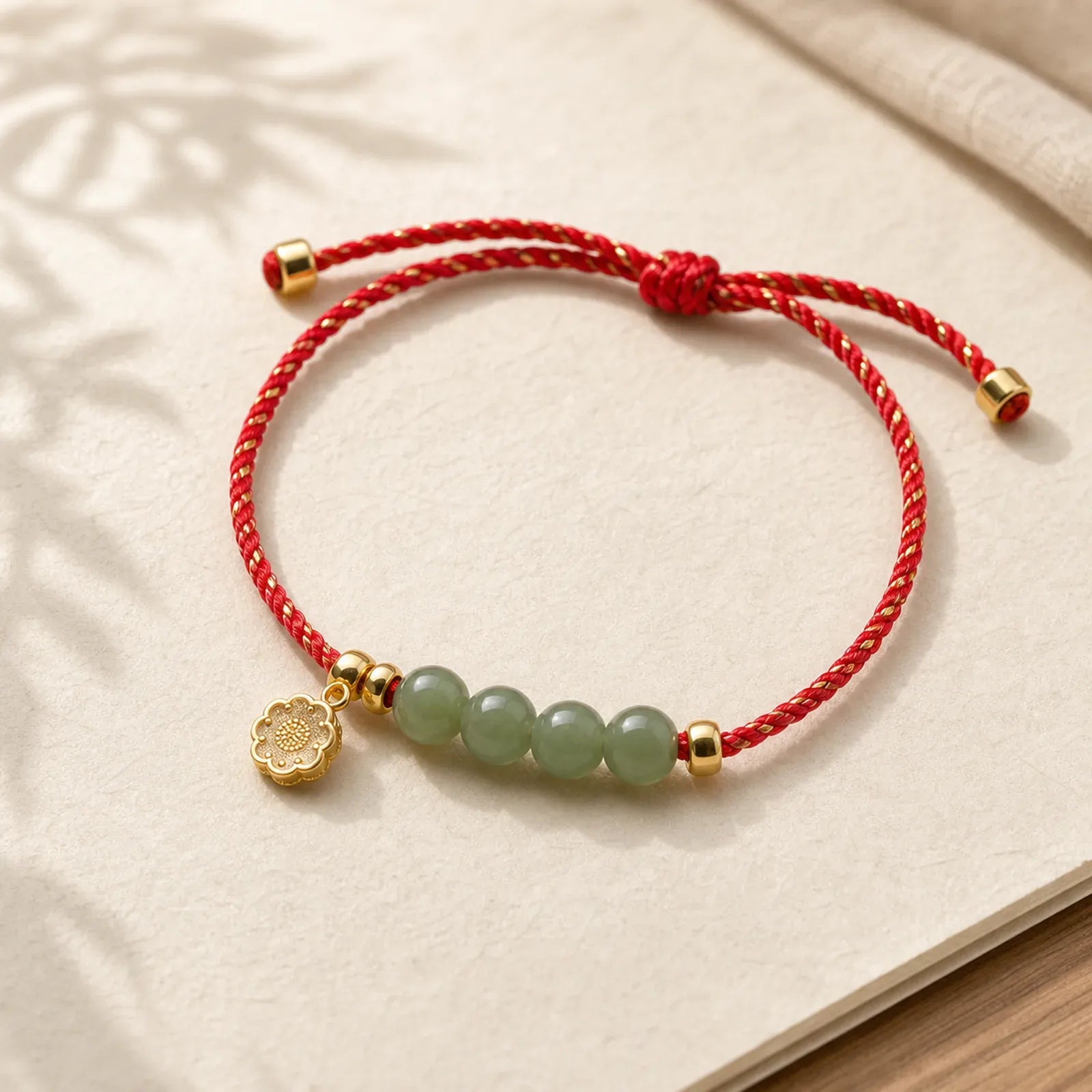 Natural Jade Lotus Seed Strength Red String Weave Bracelet featuring Jade, Lotus, Red String