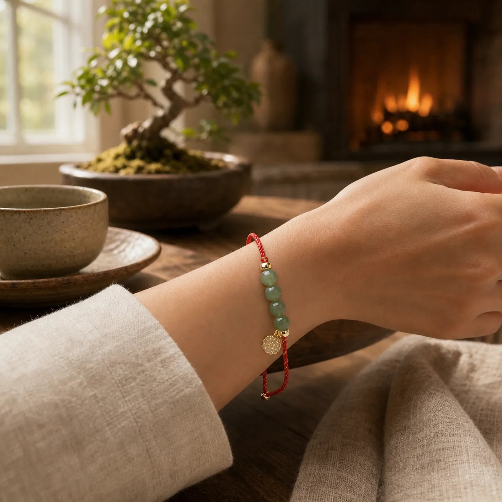 Natural Jade Lotus Seed Strength Red String Weave Bracelet featuring Jade, Lotus, Red String