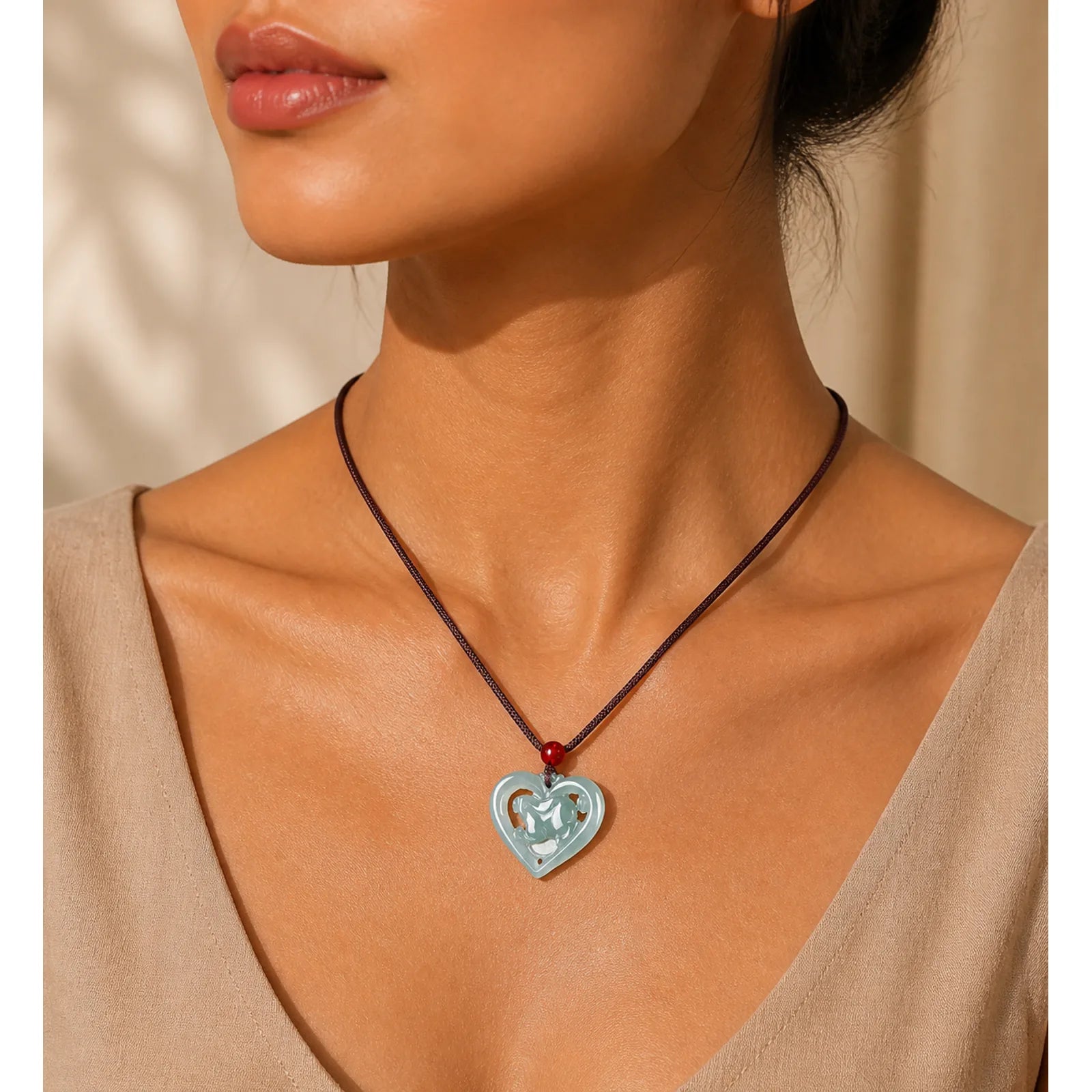 Natural Jade Love Heart Rabbit Luck Necklace Pendant featuring Jade