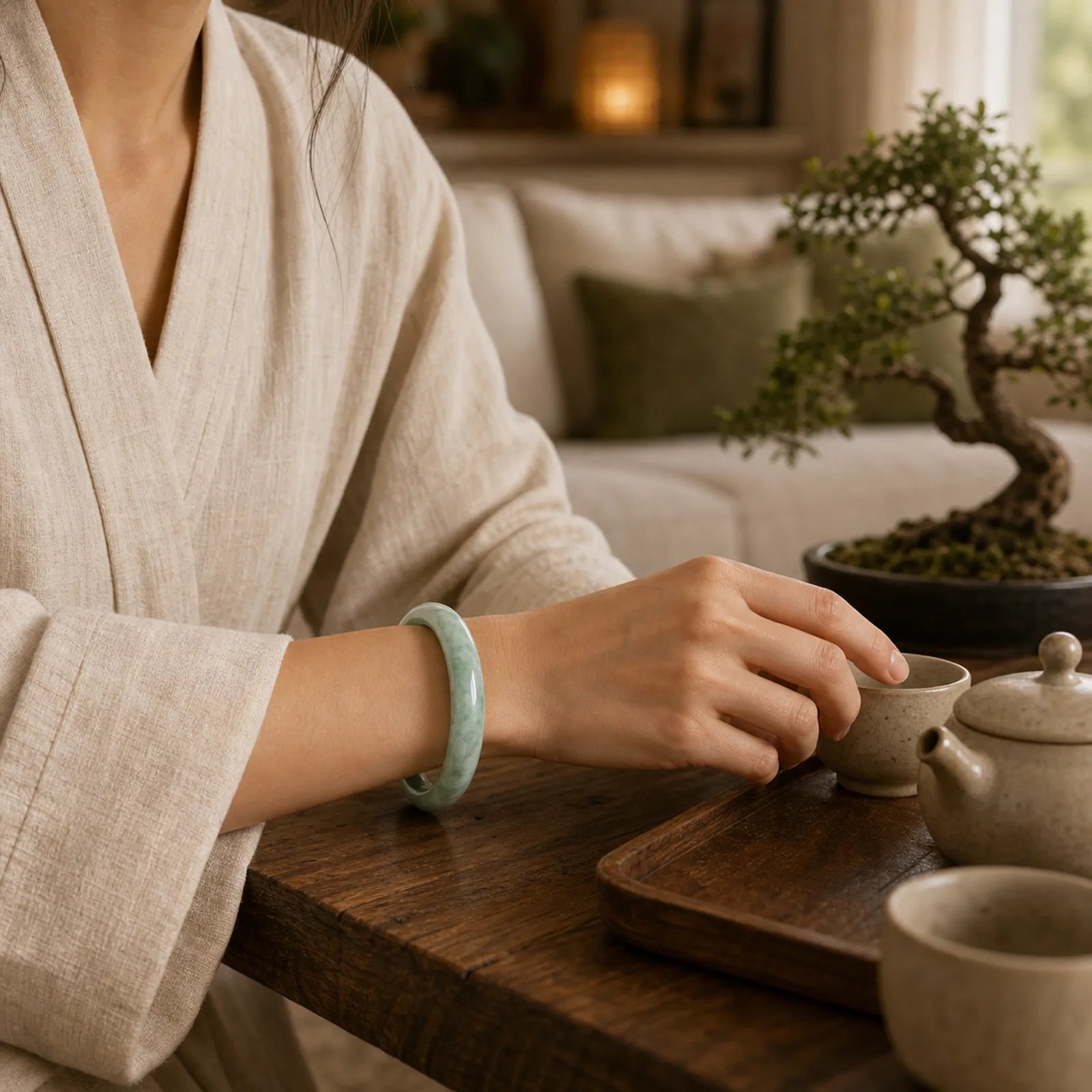 Natural Jade Luck Abundance Bangle Bracelet featuring Jade