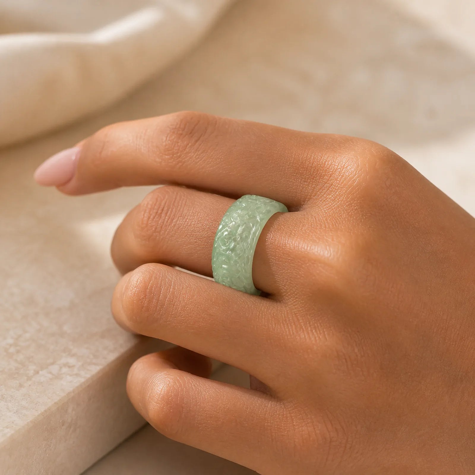 Natural Jade Om Mani Padme Hum Carved Prosperity Ring featuring Jade, Om Mani Padme Hum, Om
