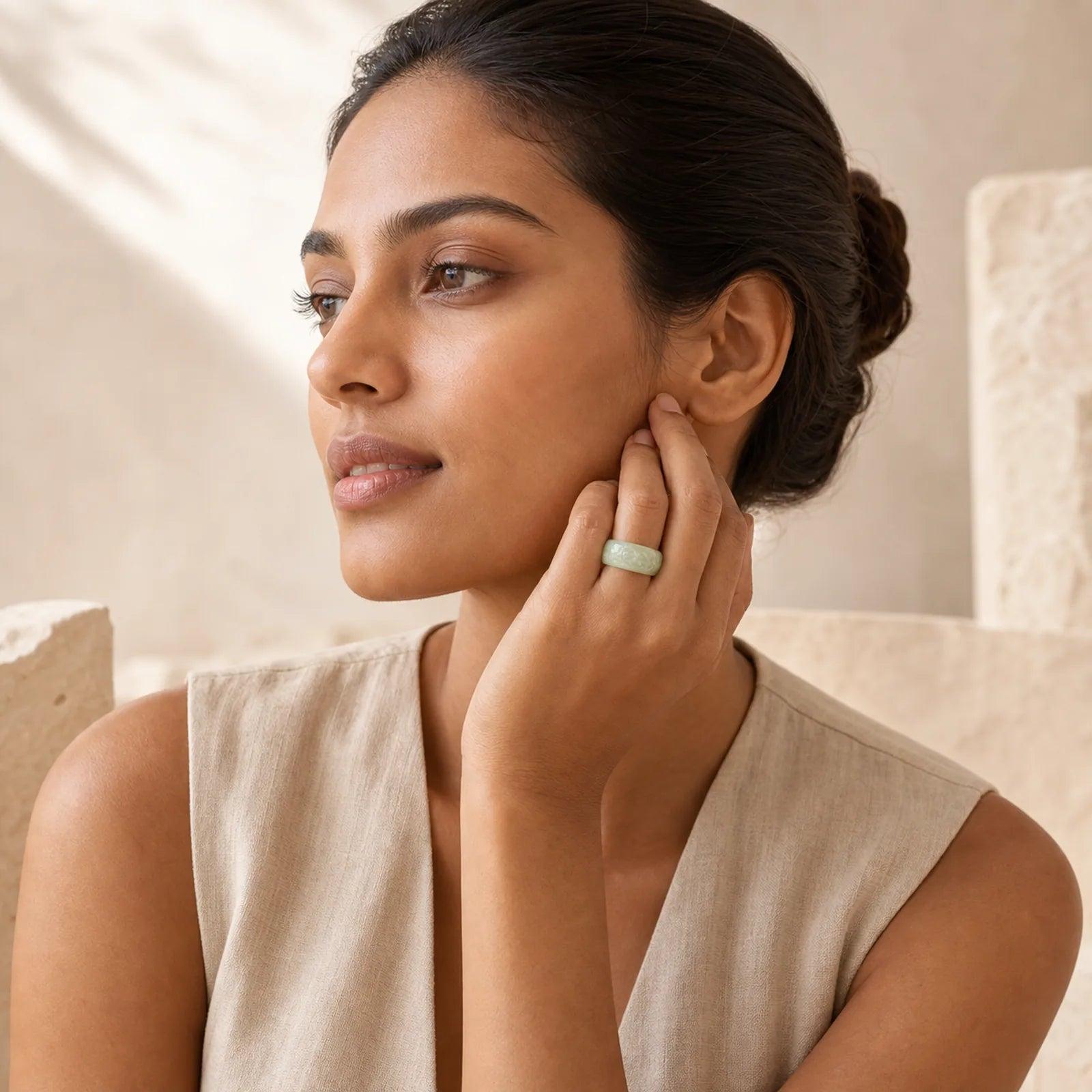 Natural Jade Om Mani Padme Hum Carved Prosperity Ring featuring Jade, Om Mani Padme Hum, Om