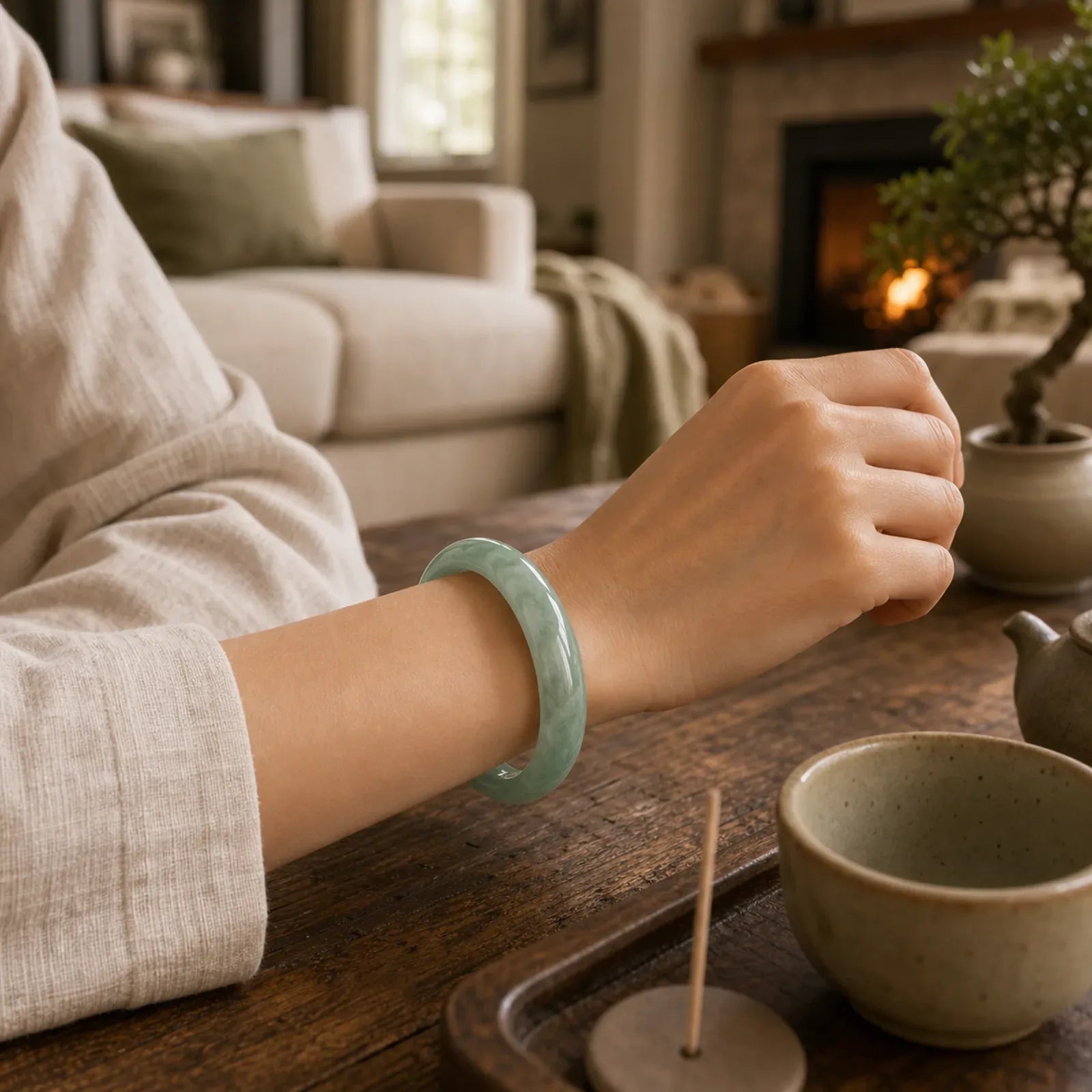 Natural Jade Prosperity Bangle Bracelet featuring Jade