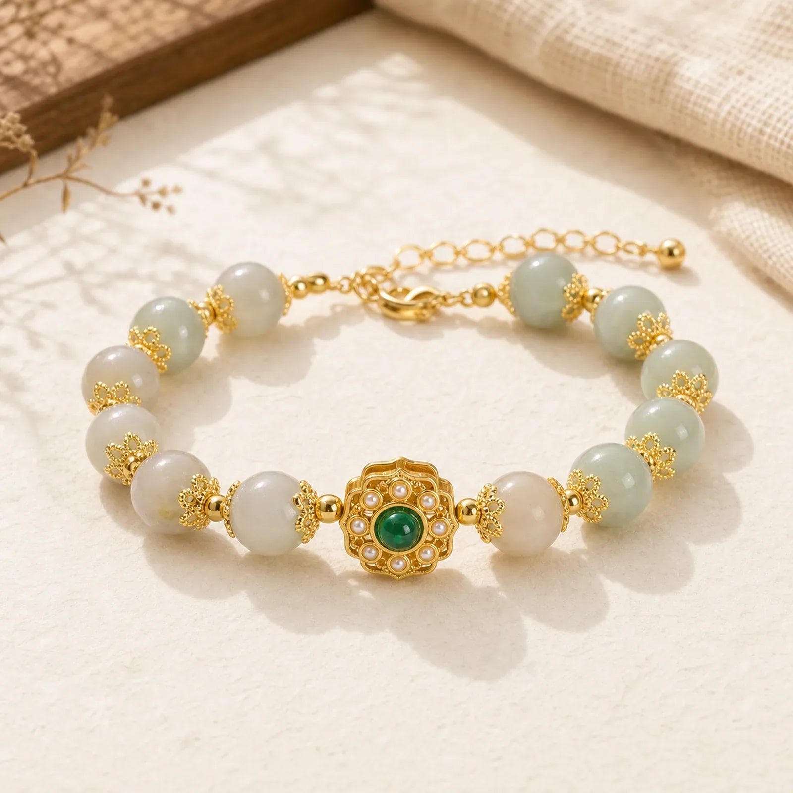 Natural Jade Prosperity Bead Chain Bracelet featuring Jade, Copper