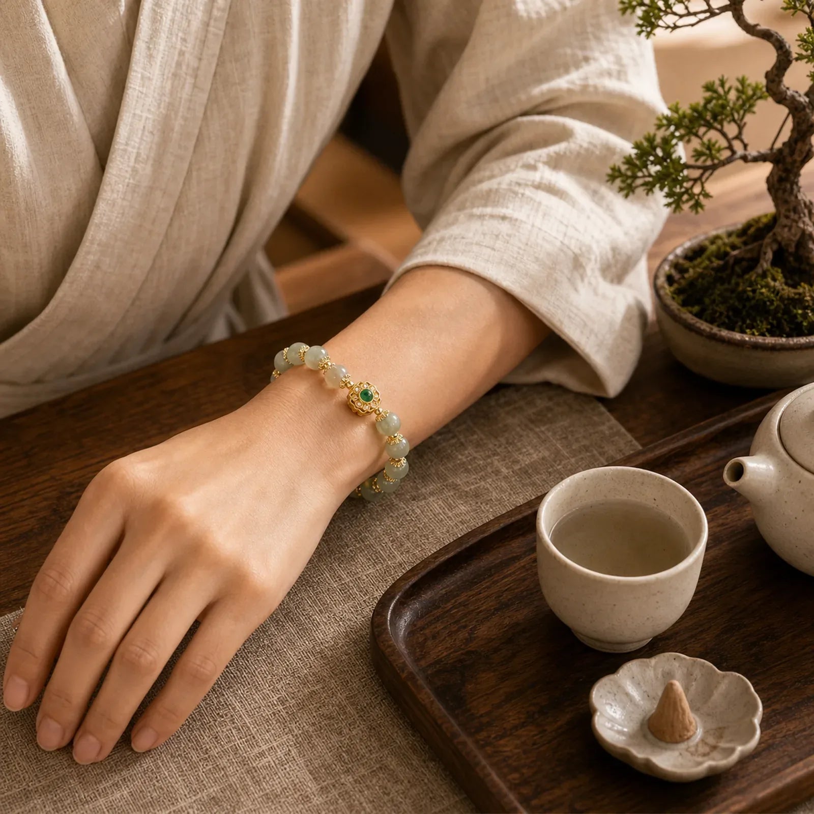 Natural Jade Prosperity Bead Chain Bracelet featuring Jade, Copper