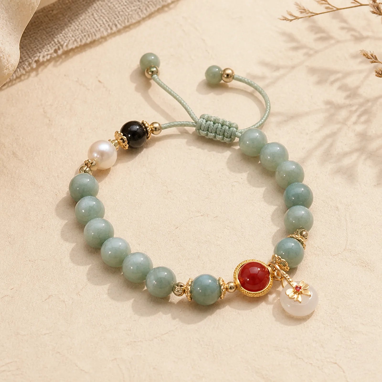 Natural Jade Red Agate Pearl Bow Tie Luck Bracelet featuring Jade, Red Agate, Pearl