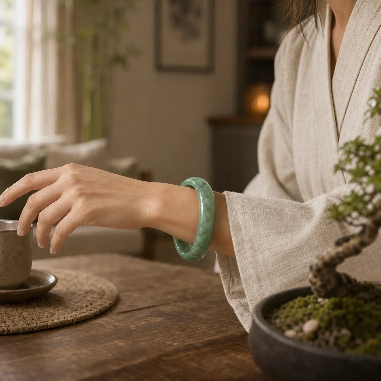 Natural Jade Simple Design Prosperity Cuff Bangle Bracelet featuring Jade