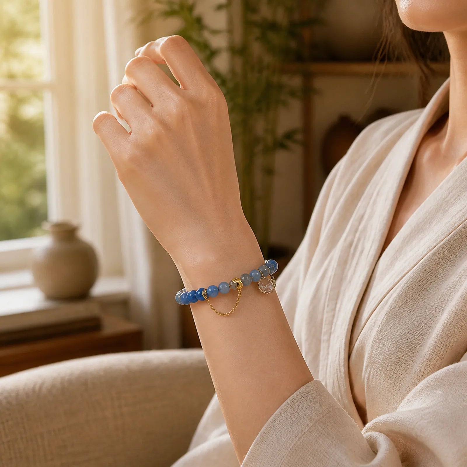Natural Kyanite Labradorite White Crystal Crescent Moon Communication Bracelet featuring Kyanite, Labradorite, Clear Quartz / White Crystal