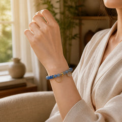 Natural Kyanite Labradorite White Crystal Crescent Moon Communication Bracelet featuring Kyanite, Labradorite, Clear Quartz / White Crystal