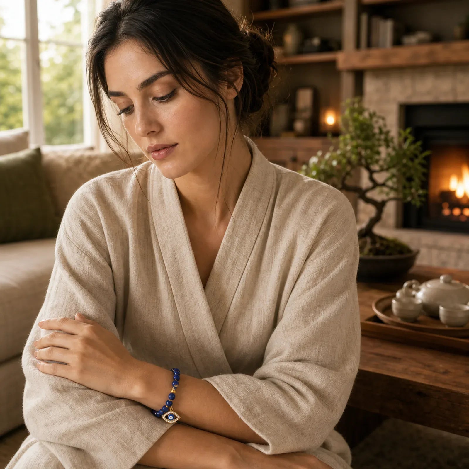 Natural Lapis Lazuli Evil Eye Balance Bracelet featuring Evil Eye, Lapis Lazuli (Lazurite)