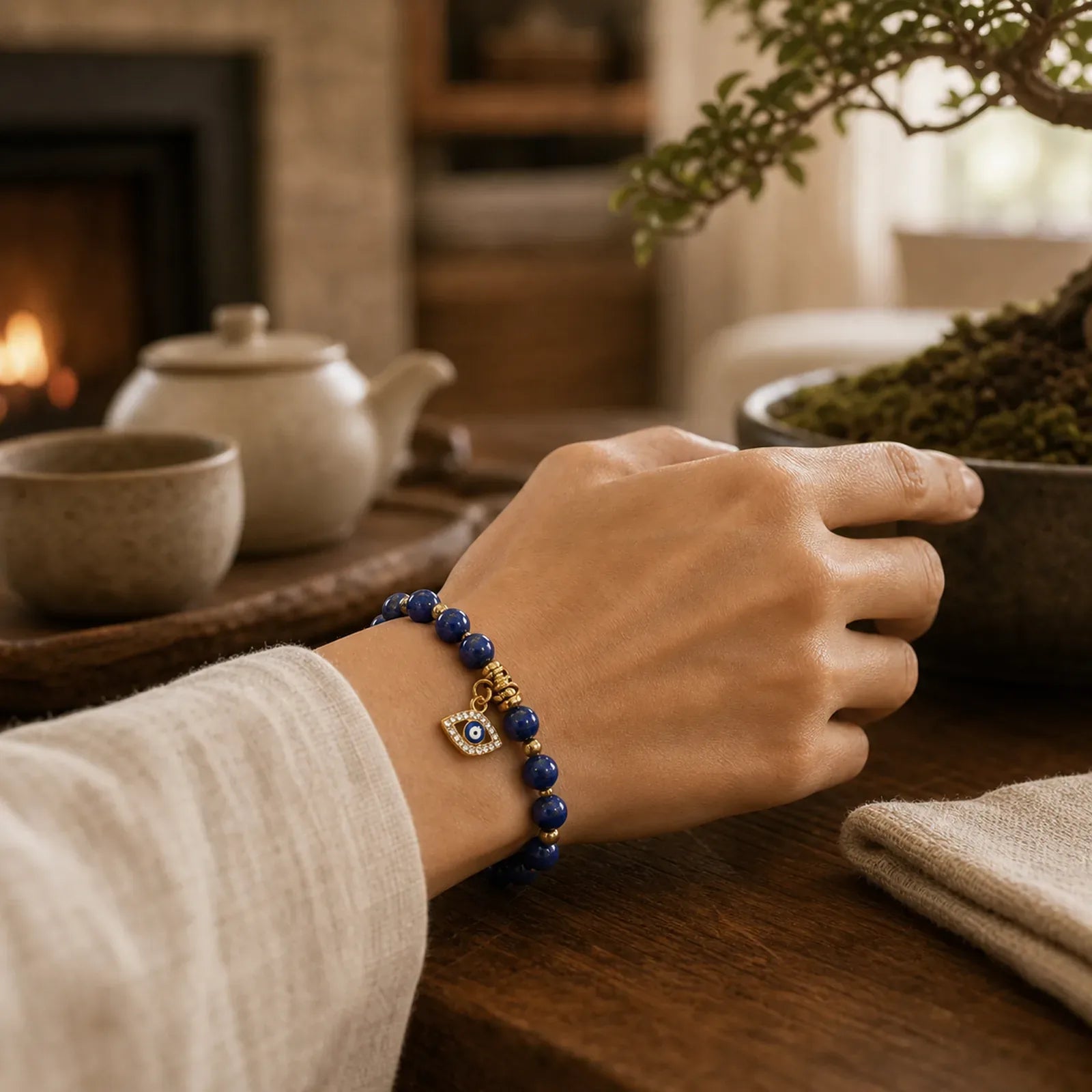 Natural Lapis Lazuli Evil Eye Balance Bracelet featuring Evil Eye, Lapis Lazuli (Lazurite)
