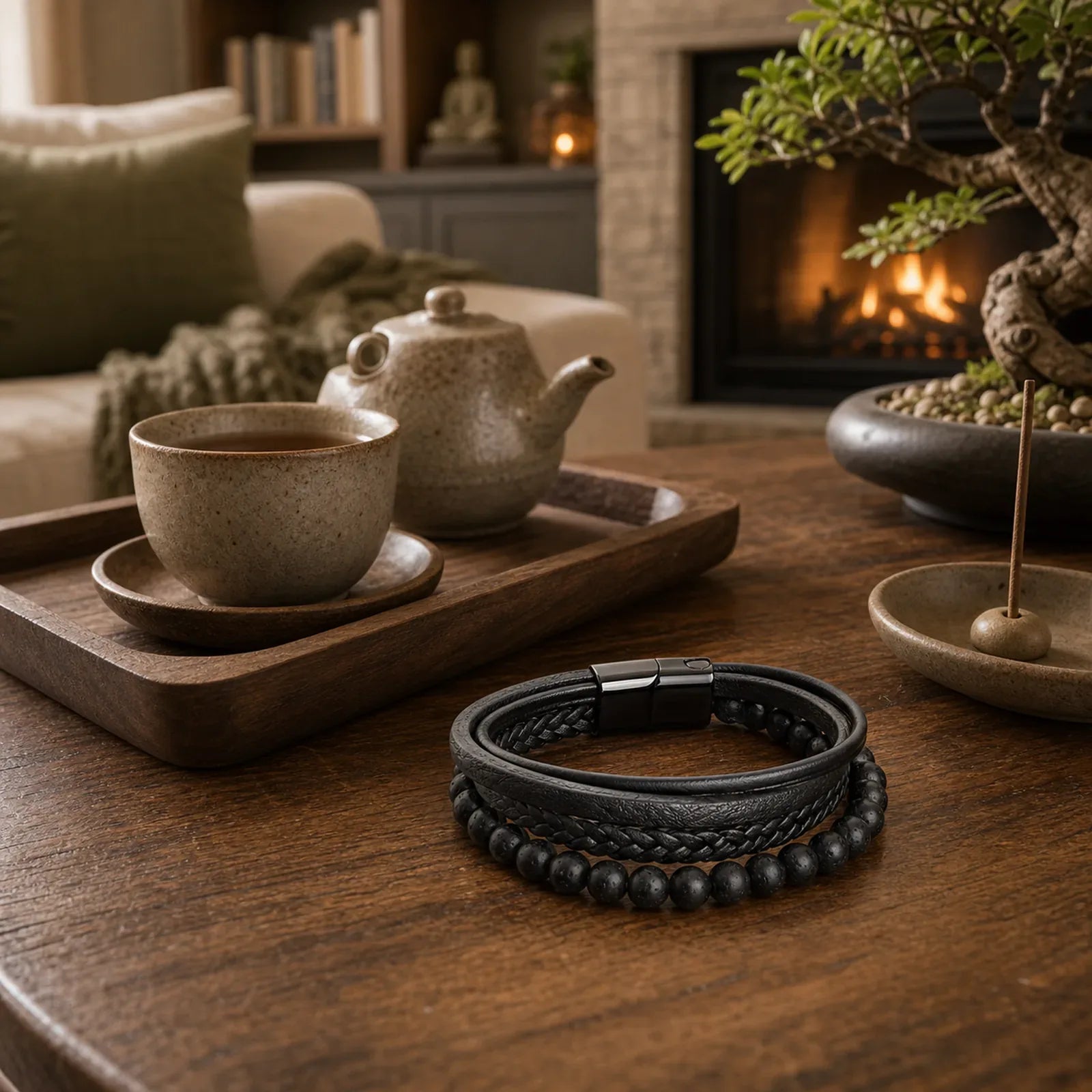 Natural Lava Rock Black Onyx Bead Leather Bracelet featuring Lava Rock, Black Onyx