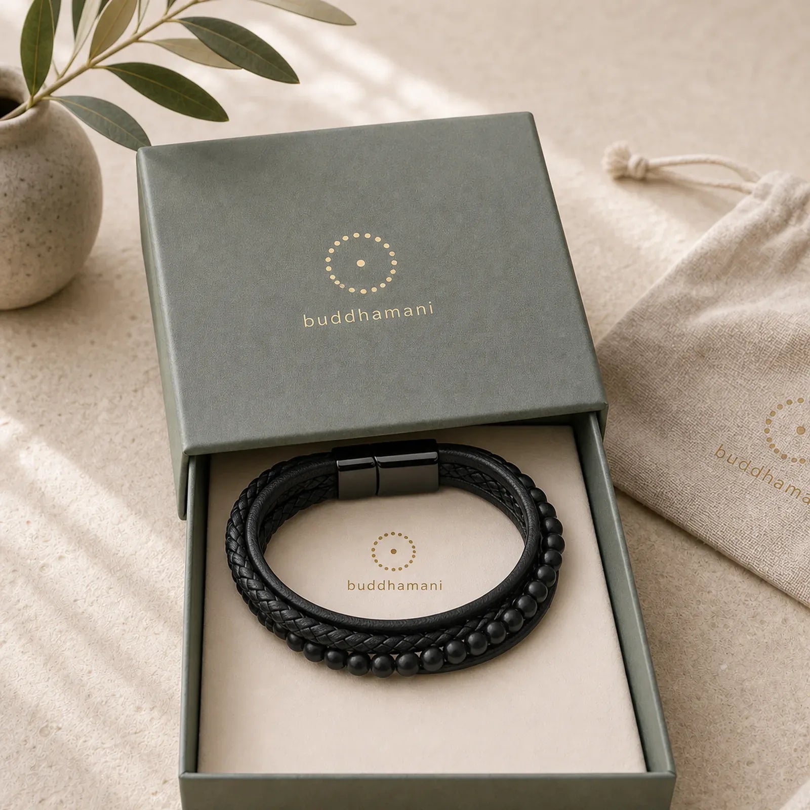 Natural Lava Rock Black Onyx Bead Leather Bracelet featuring Lava Rock, Black Onyx