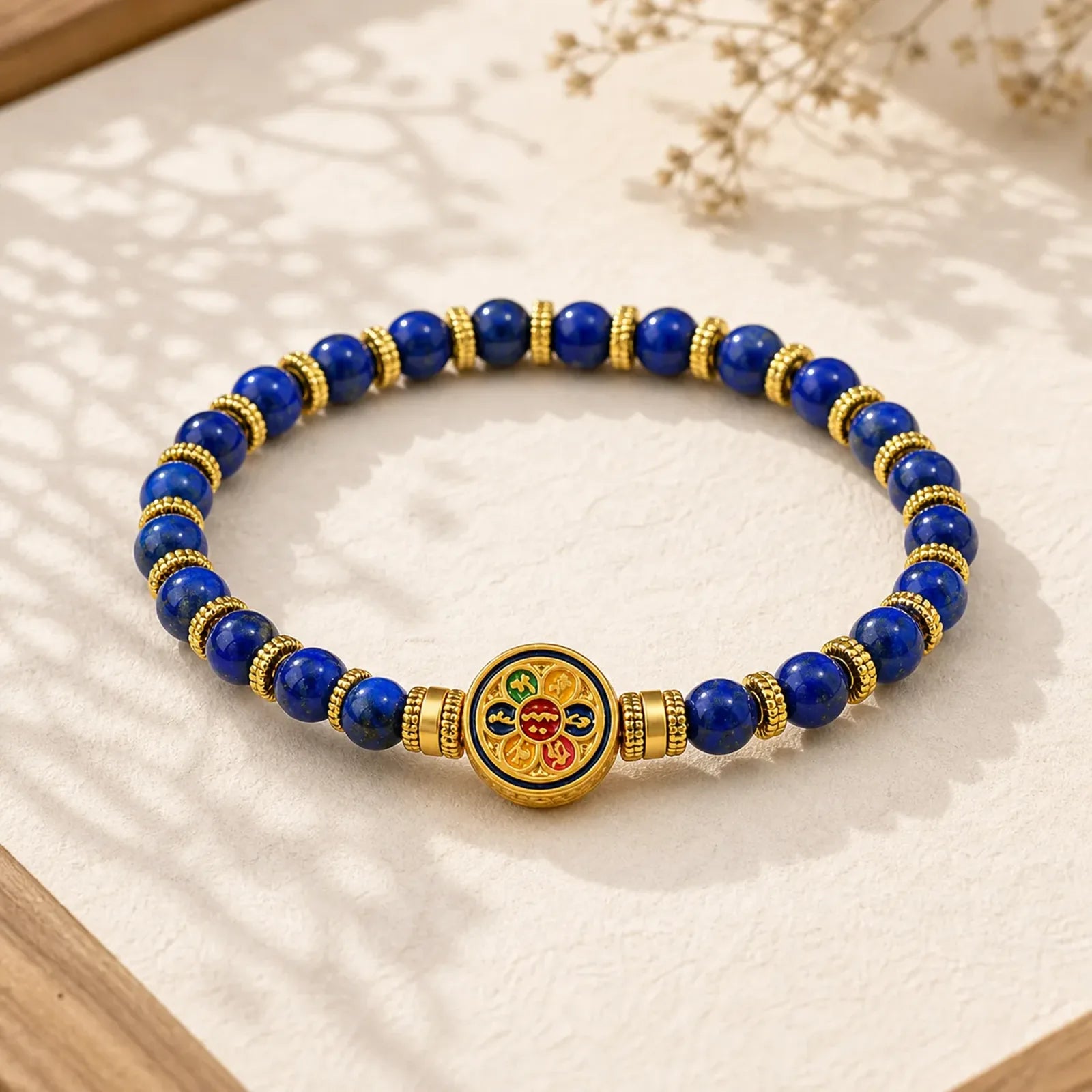 Natural Lazurite Om Mani Padme Hum Bead Balance Bracelet featuring Lapis Lazuli (Lazurite), Om Mani Padme Hum, Om