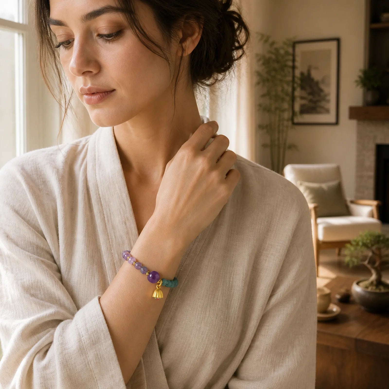 Natural Lotus Amethyst Jade Balance Bracelet featuring Lotus, Amethyst, Jade