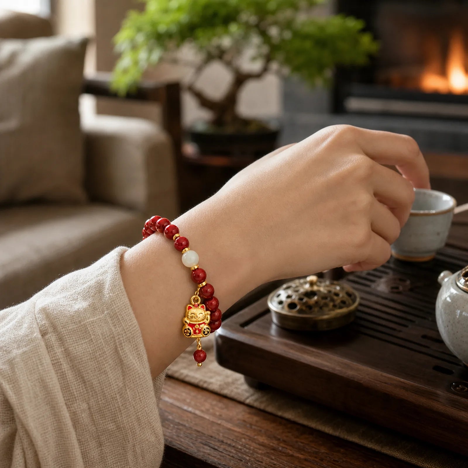Natural Lucky Cat Pendant Cinnabar Blessing Bracelet featuring Cinnabar