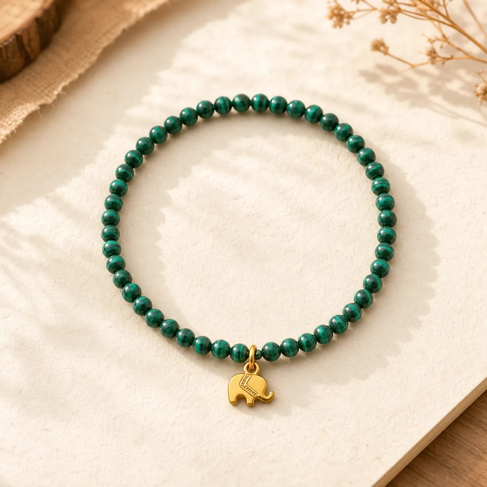 Natural Malachite Elephant Anti-Anxiety Charm Bracelet featuring Malachite, Elephant Symbol