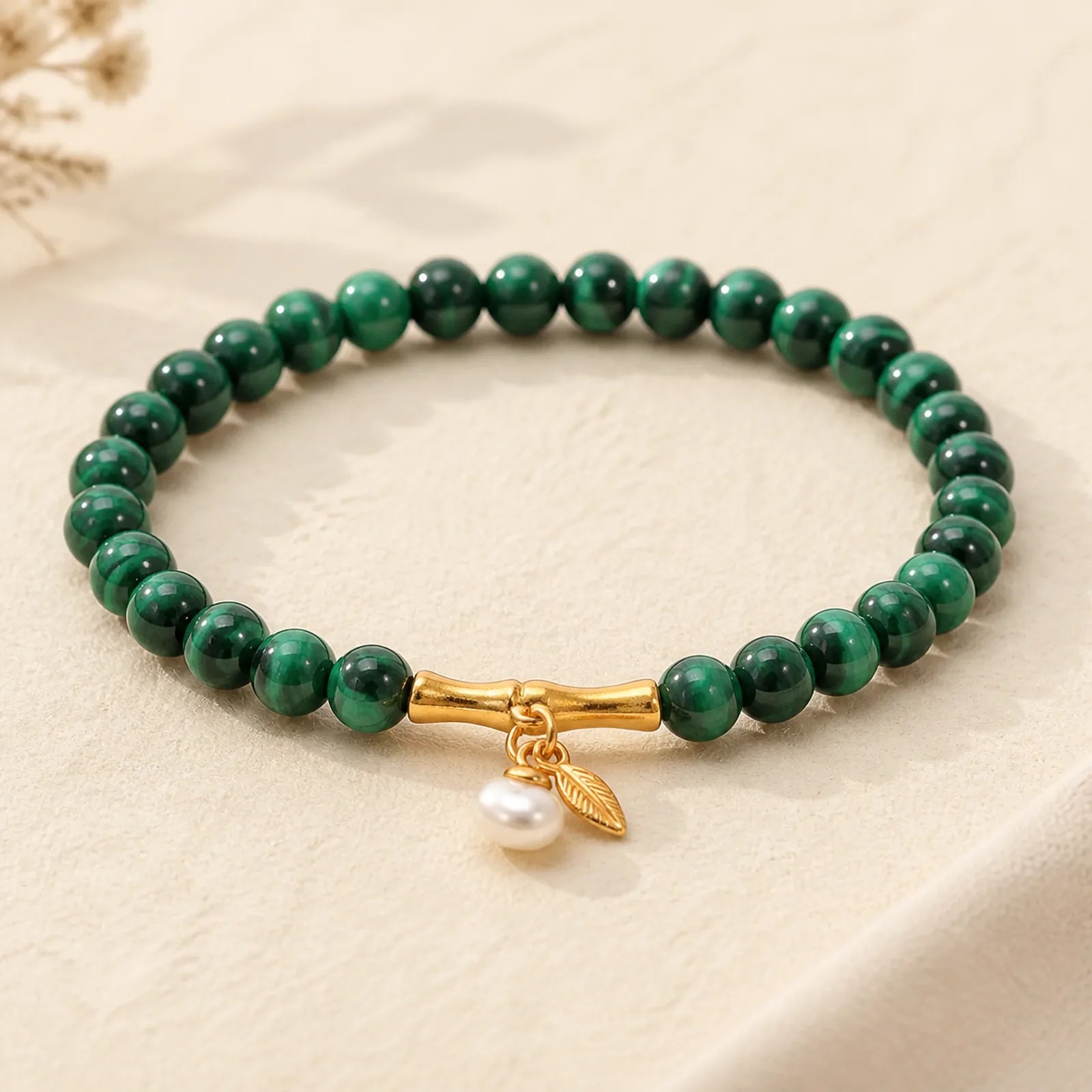 Natural Malachite Pearl Lucky Bamboo Anti-Anxiety Bracelet featuring Malachite, Pearl, Bamboo