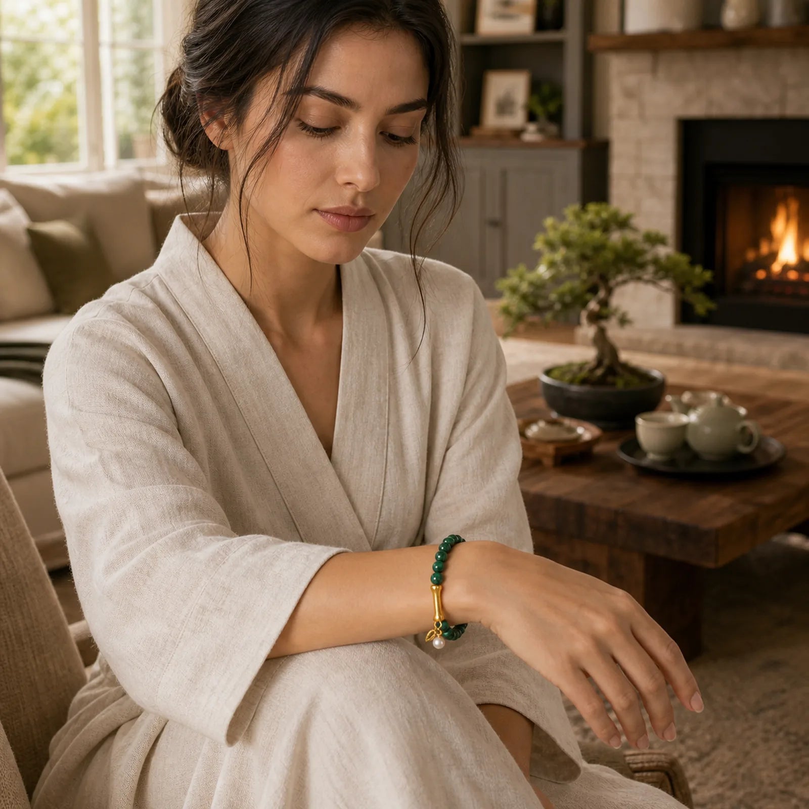 Natural Malachite Pearl Lucky Bamboo Anti-Anxiety Bracelet featuring Malachite, Pearl, Bamboo
