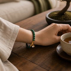Natural Malachite Pearl Lucky Bamboo Anti-Anxiety Bracelet featuring Malachite, Pearl, Bamboo