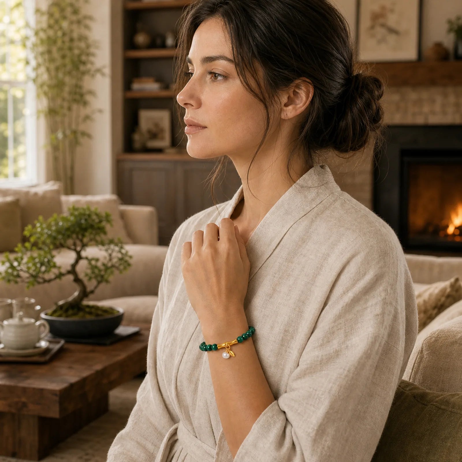 Natural Malachite Pearl Lucky Bamboo Anti-Anxiety Bracelet featuring Malachite, Pearl, Bamboo