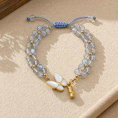 Natural Moonstone Butterfly Bamboo Healing String Bracelet featuring Moonstone, Butterfly, Bamboo