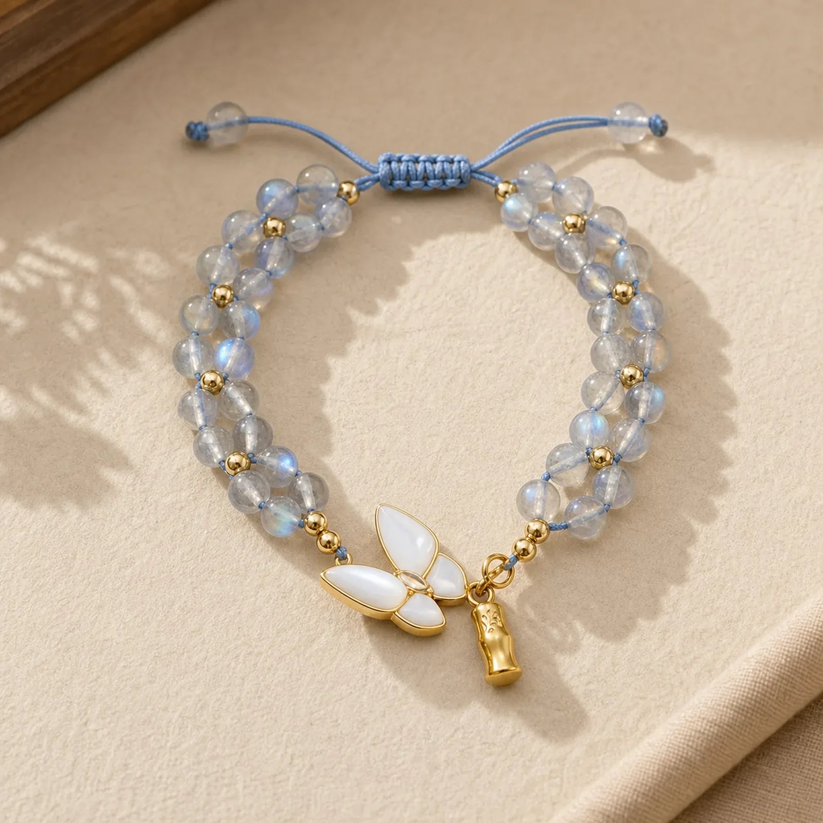 Natural Moonstone Butterfly Bamboo Healing String Bracelet featuring Moonstone, Butterfly, Bamboo