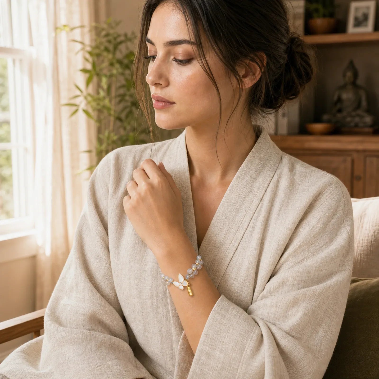 Natural Moonstone Butterfly Bamboo Healing String Bracelet featuring Moonstone, Butterfly, Bamboo