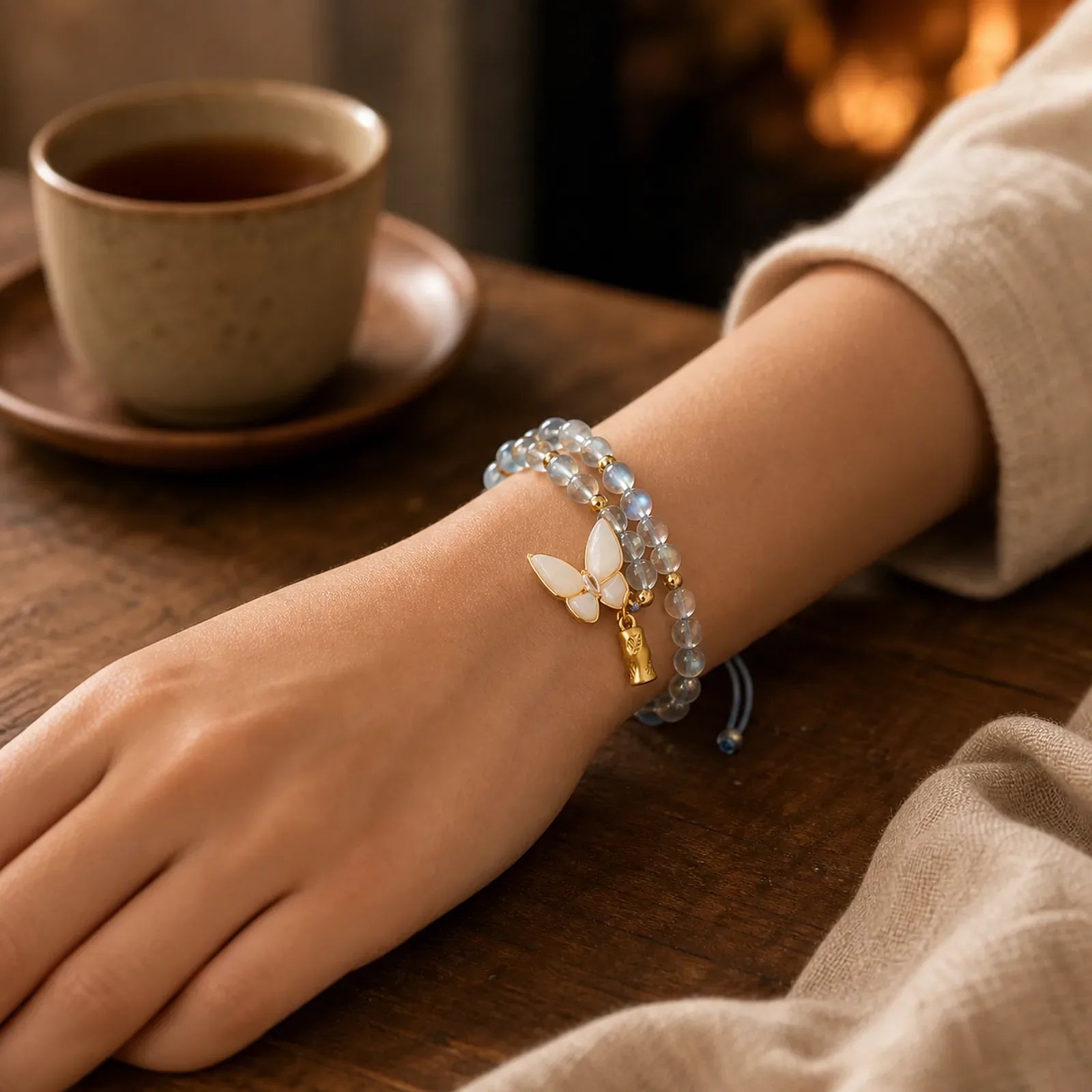 Natural Moonstone Butterfly Bamboo Healing String Bracelet featuring Moonstone, Butterfly, Bamboo