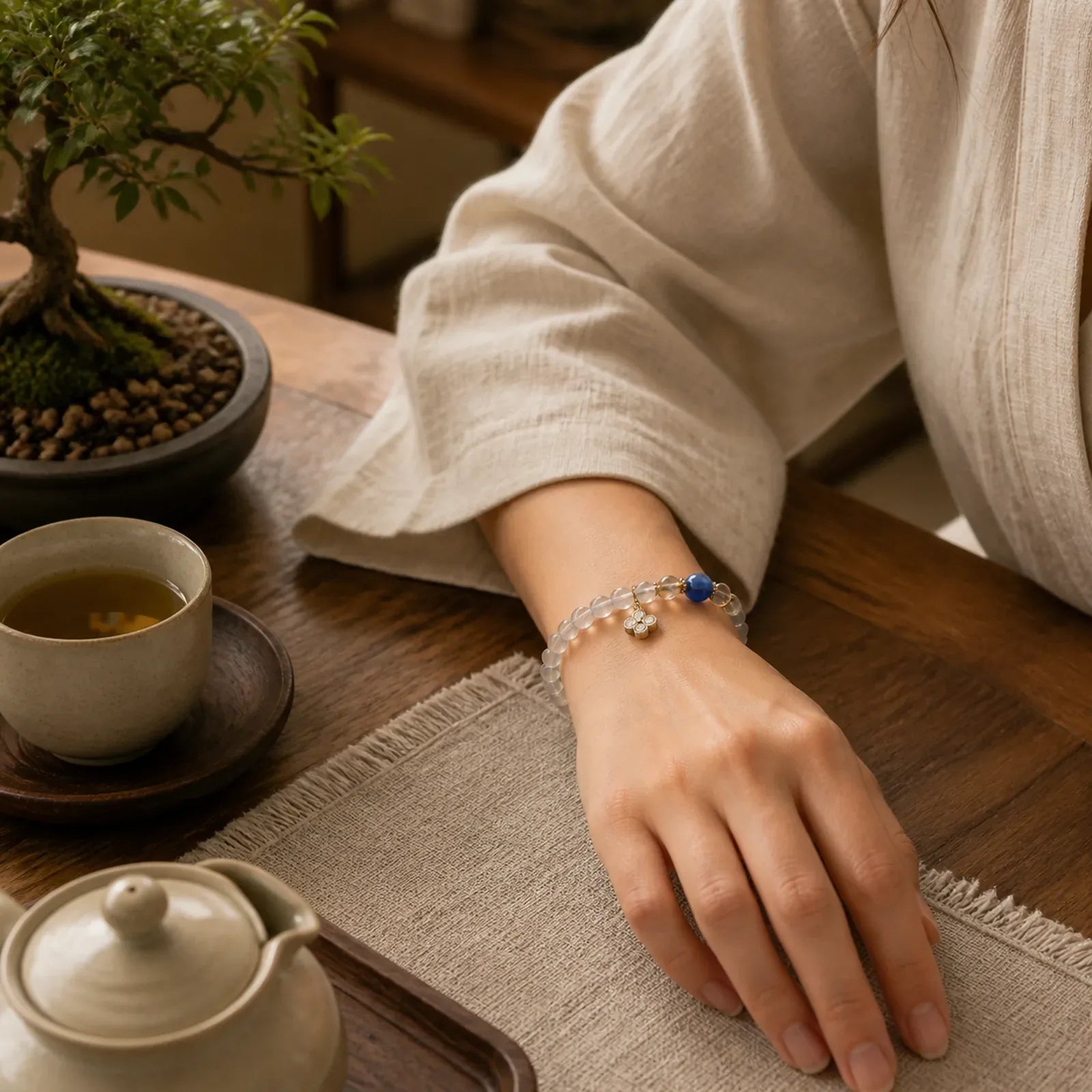 Natural Moonstone Flower Chram Healing Beads Bracelet featuring Moonstone, Kyanite, Citrine