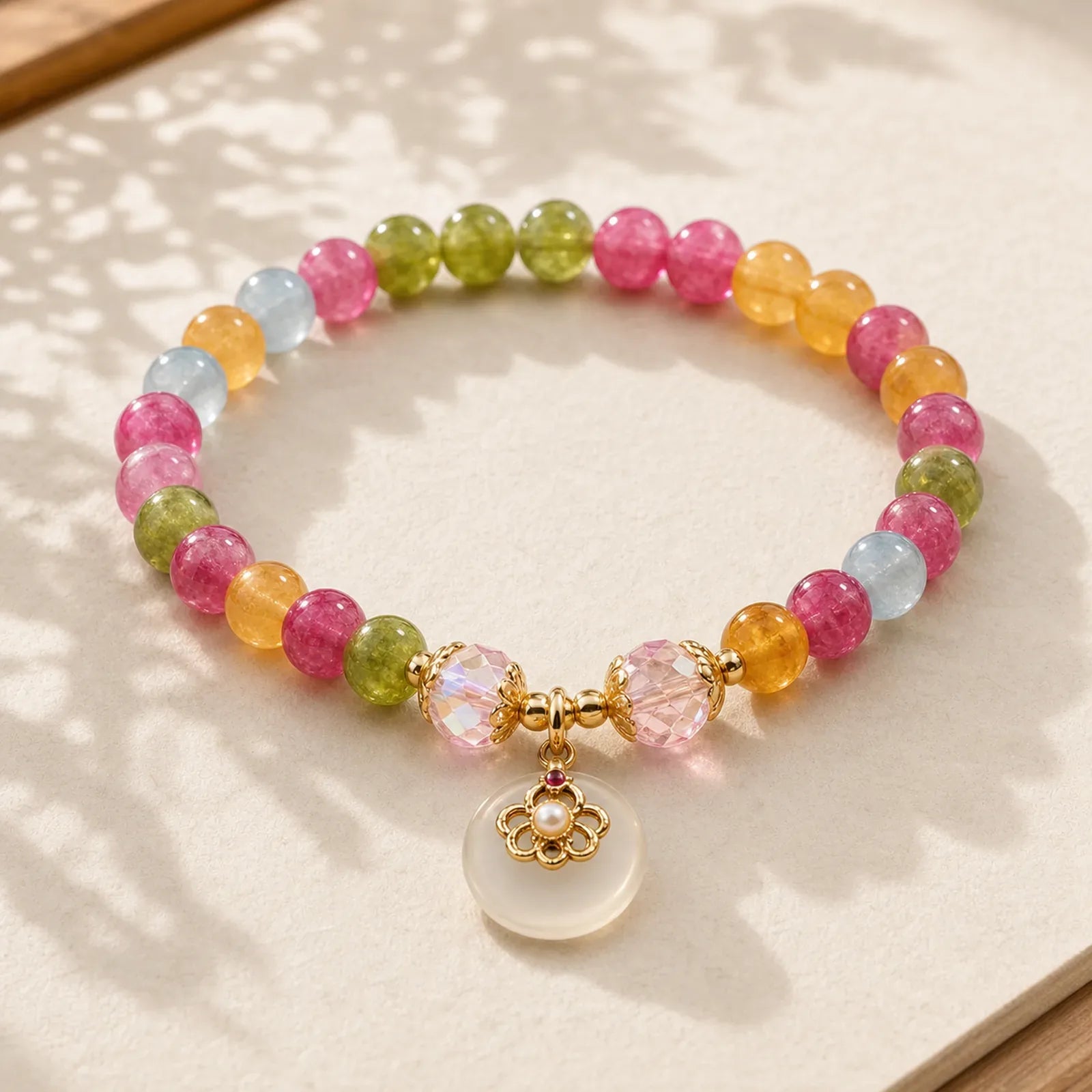 Natural Multicolor Tourmaline Chalcedony Wisdom Bracelet featuring Tourmaline, Chalcedony, Copper