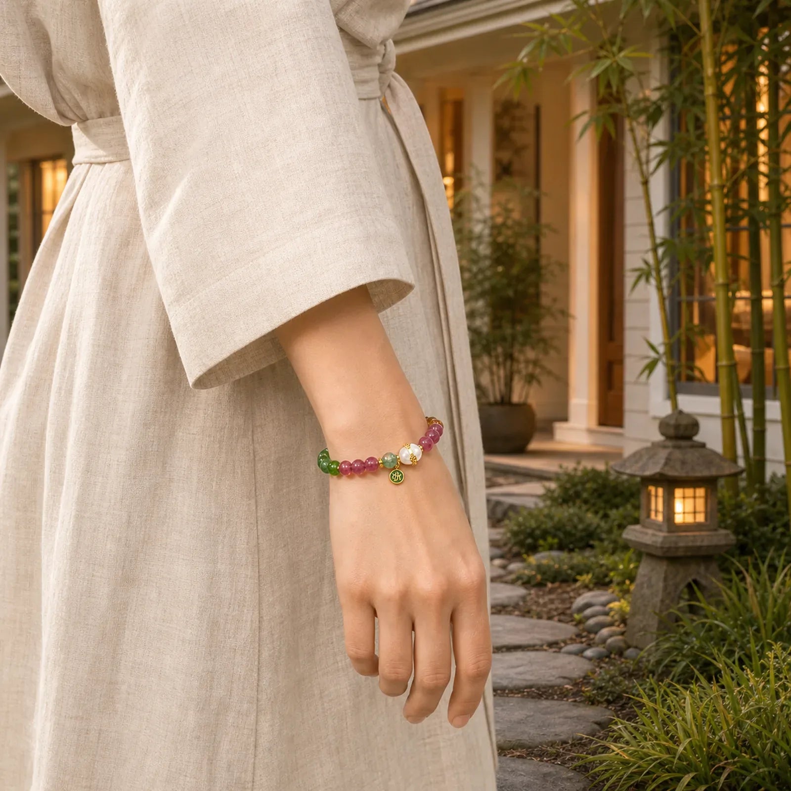 Natural Multicolored Tourmaline Pearl Auspicious Character Charm Wisdom Bracelet (Extra 35% Off | USE CODE: FS35) featuring Tourmaline, Pearl, Chalcedony