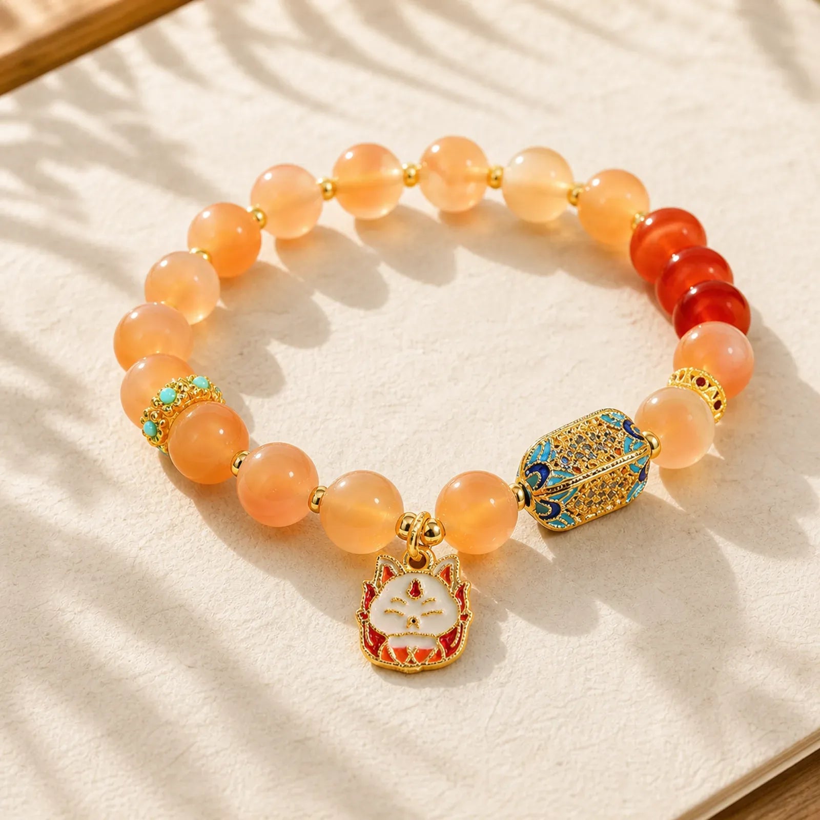Natural Nine Tailed Fox Orange Candy Agate Healing Bracelet featuring Nine-Tailed Fox, Candy Agate