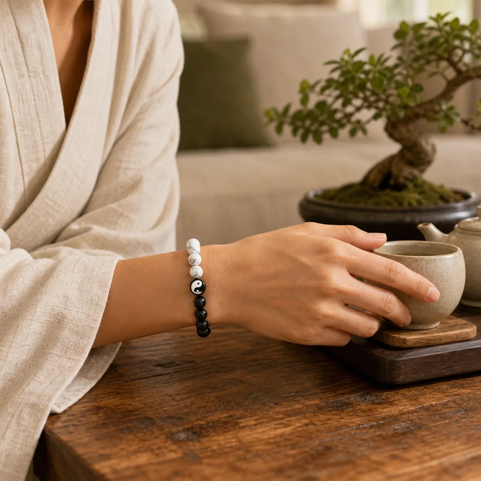Natural Obsidian White Turquoise Yinyang Tai Chi Strength Bracelet featuring White Turquoise, Turquoise, Black Obsidian