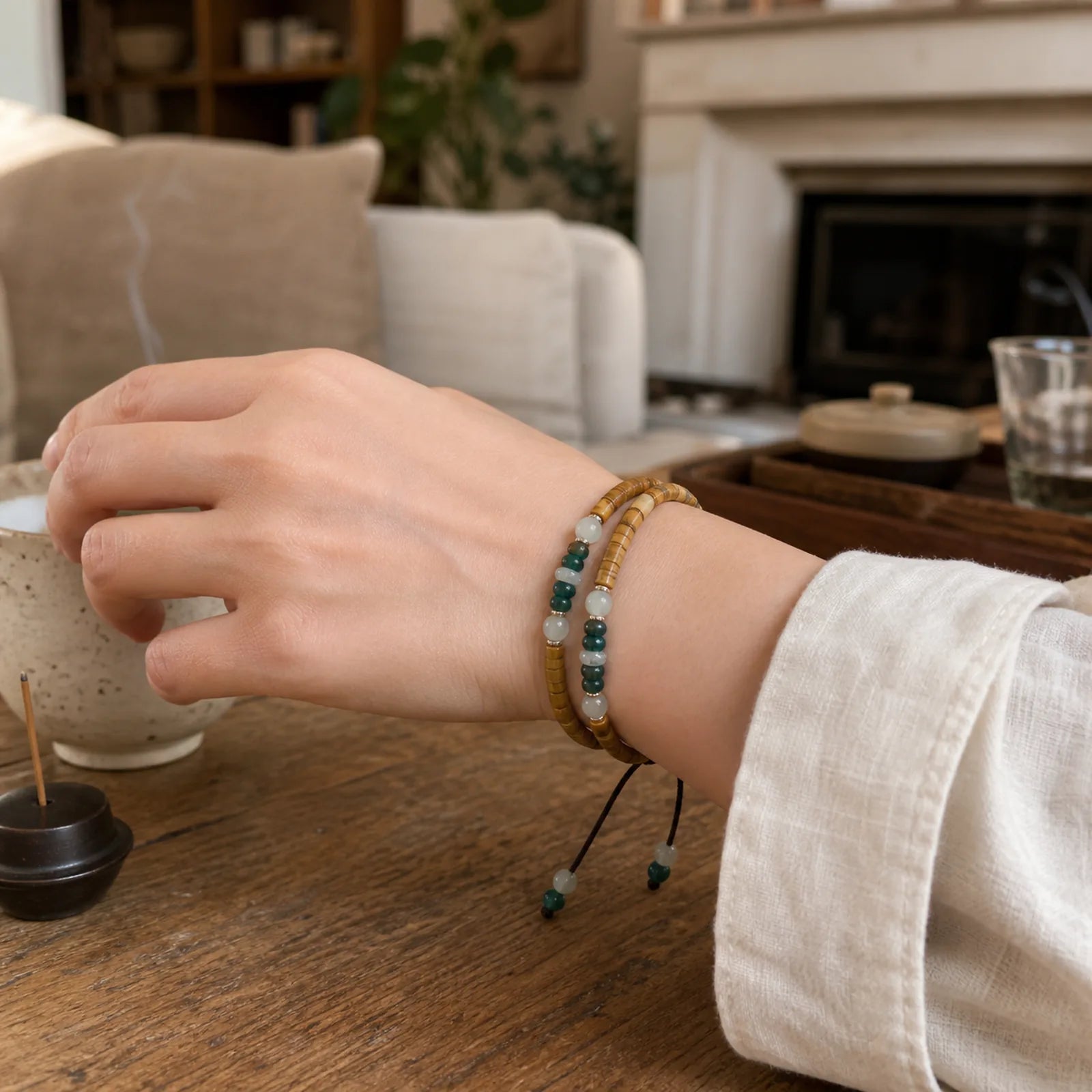 Natural Olive Pit Bamboo Pattern Hetian Jade Beads Luck Bracelet featuring Olive Pit, Bamboo, Jade