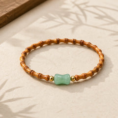 Natural Olive Pit Green Aventurine Bamboo Pattern Luck Bracelet featuring Olive Pit, Green Aventurine, Bamboo