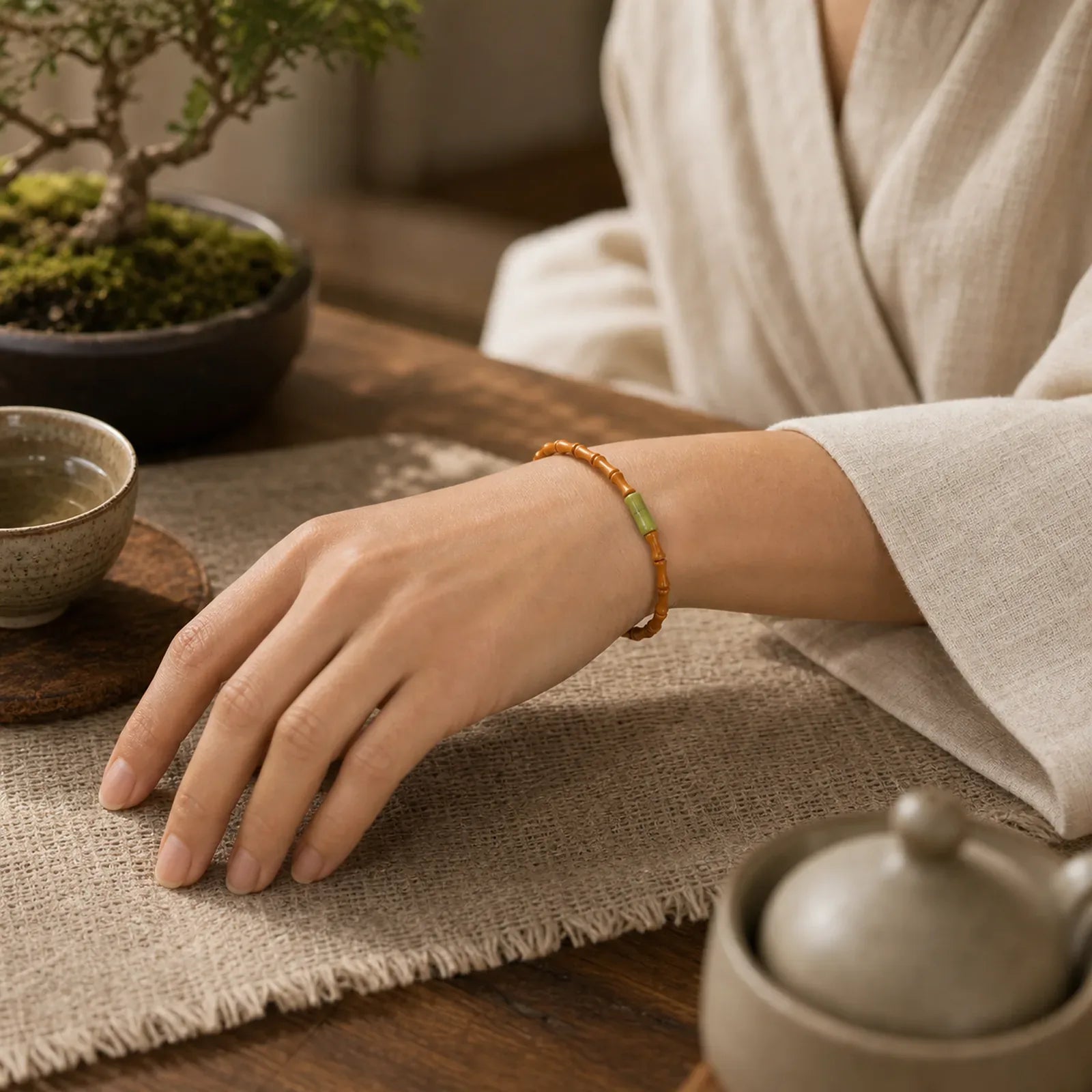 Natural Olive Pit Peridot Bamboo Design Protection Bracelet featuring Olive Pit, Peridot, Bamboo