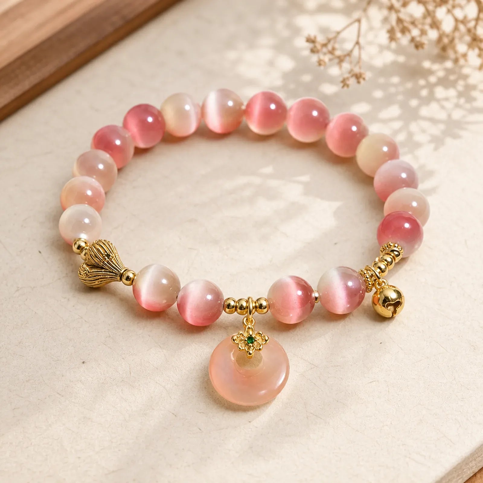 Natural Peace Buckle Gradient Pink Cat's Eye Yanyuan Agate Peace Bracelet featuring Peace Buckle, Cat's Eye / Chrysoberyl, Yanyuan Agate