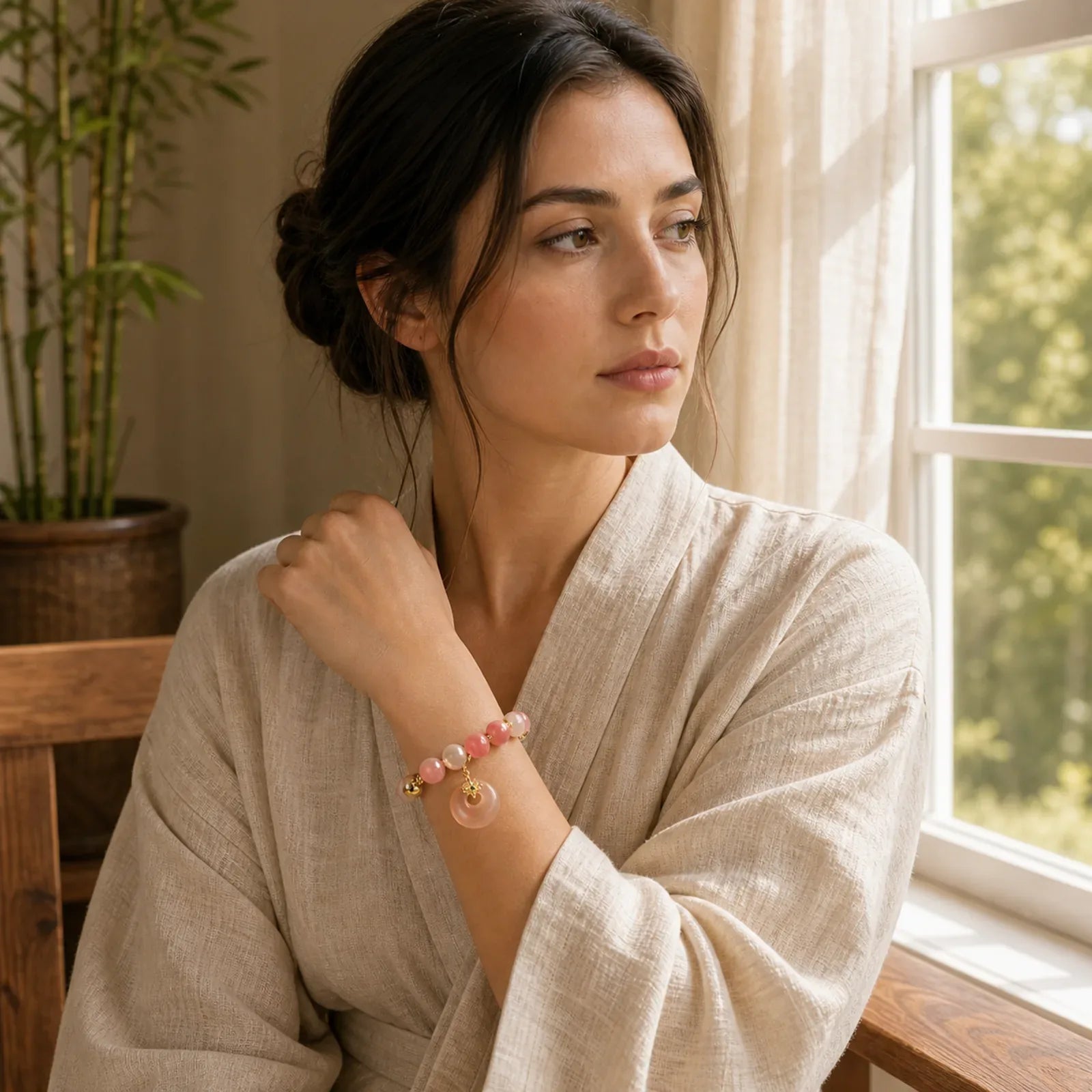 Natural Peace Buckle Gradient Pink Cat's Eye Yanyuan Agate Peace Bracelet featuring Peace Buckle, Cat's Eye / Chrysoberyl, Yanyuan Agate