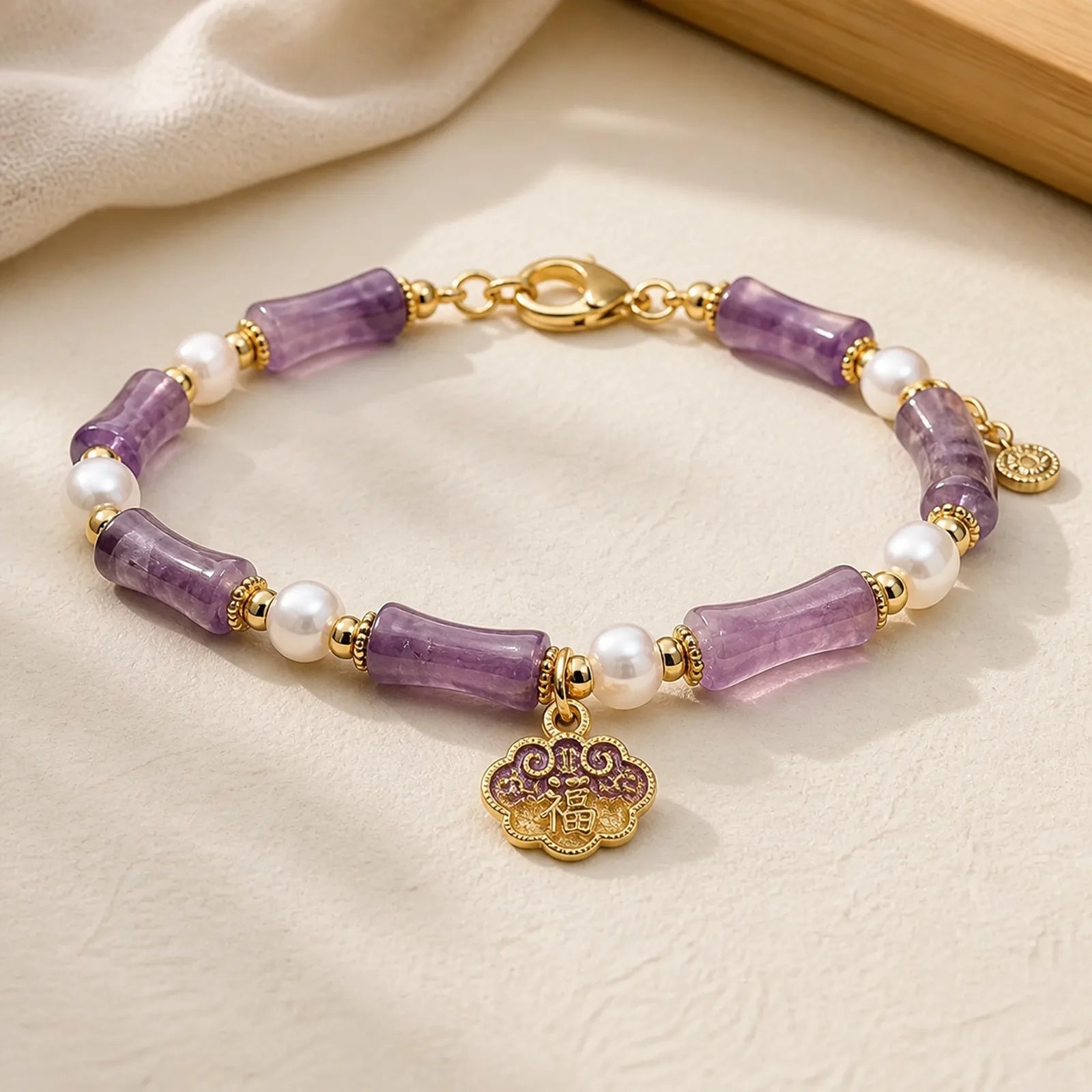 Natural Peace Lock Bamboo Shape Fu Character Amethyst Pearl Balance Bracelet featuring Bamboo, Fu Character, Amethyst