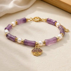 Natural Peace Lock Bamboo Shape Fu Character Amethyst Pearl Balance Bracelet featuring Bamboo, Fu Character, Amethyst